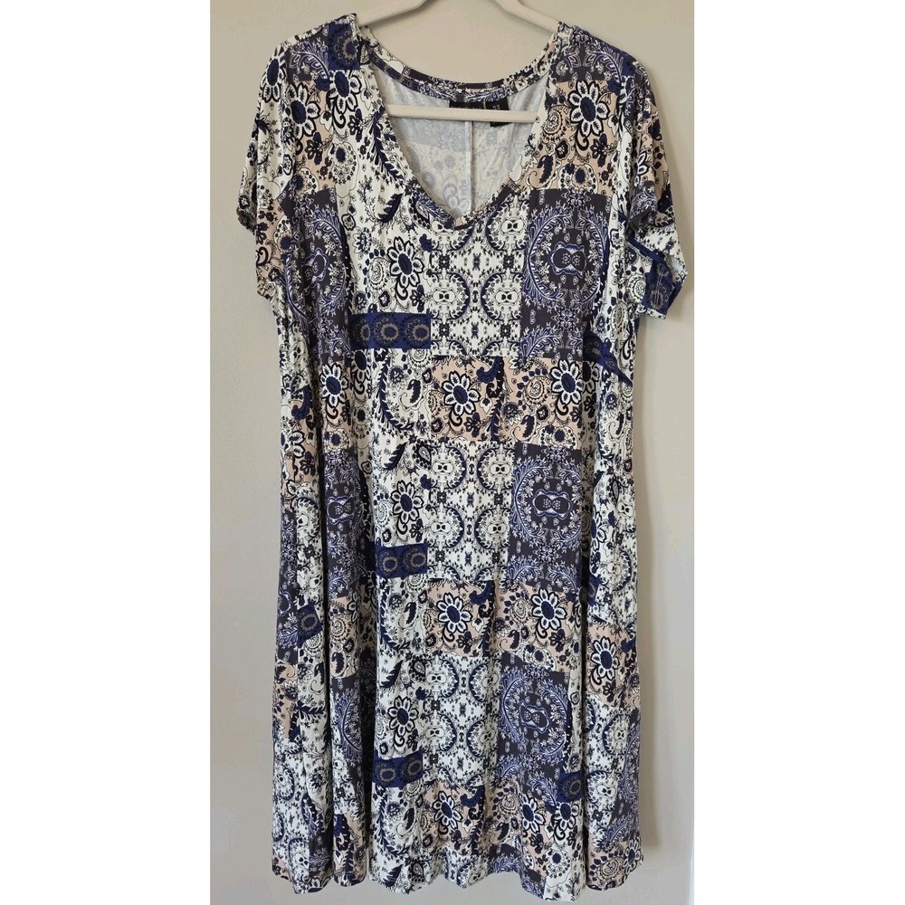 Rachel Zoe Blue Patchwork Dress Flowy Stretch A Line Boho V Neck Womens Size 1X